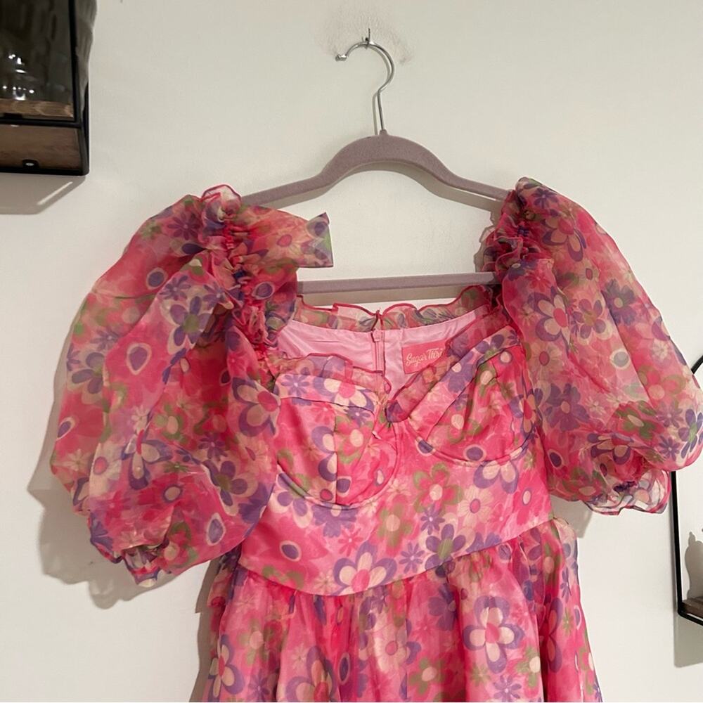 Sugar Thrillz‎ Growin’ Pretty Maxi Dress Sweetheart Neck Sheer Puff Sleeve XS - Picture 3 of 10